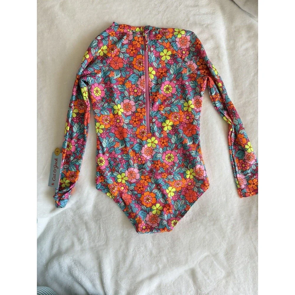 Cat & Jack Girls M (8) Plus One Piece Swimsuit Floral Multicolor Long Sleeve